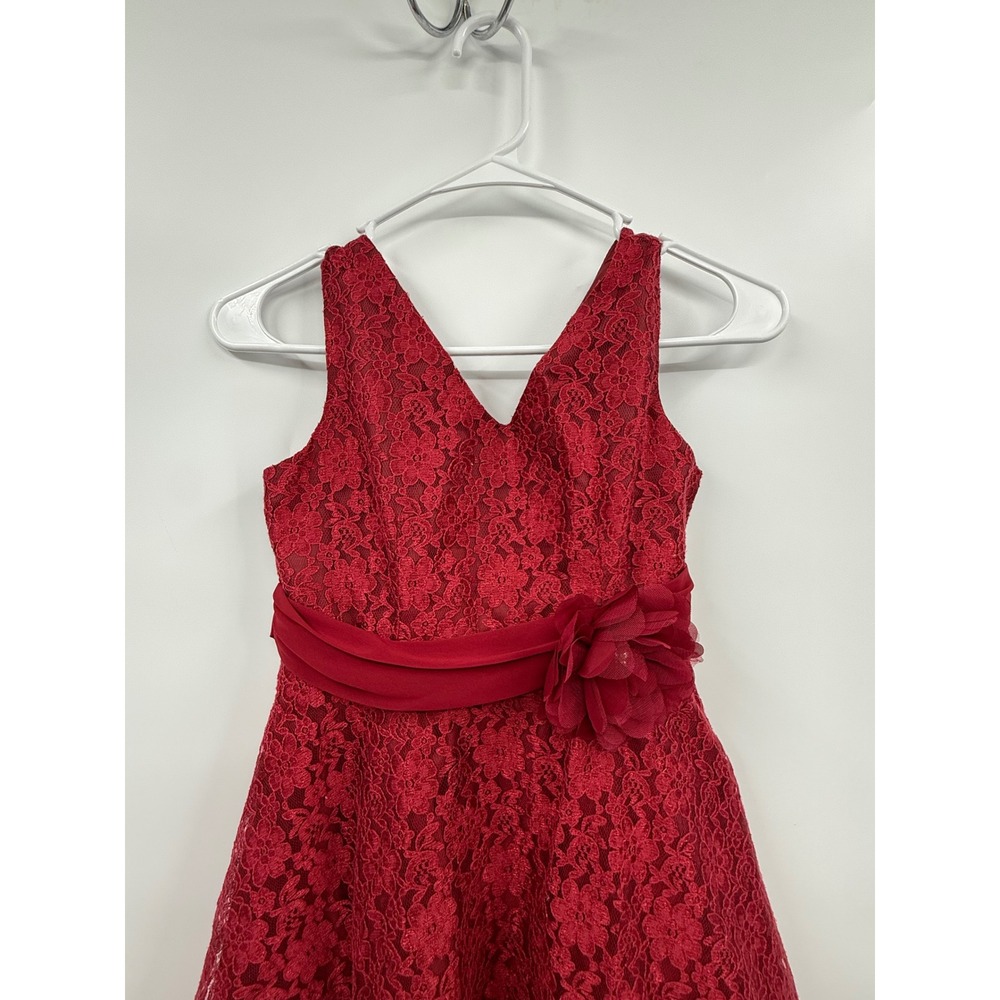 Joykids Lace Dress Girls burgundy Red Floral Sash Flower Special Occasion V-Neck